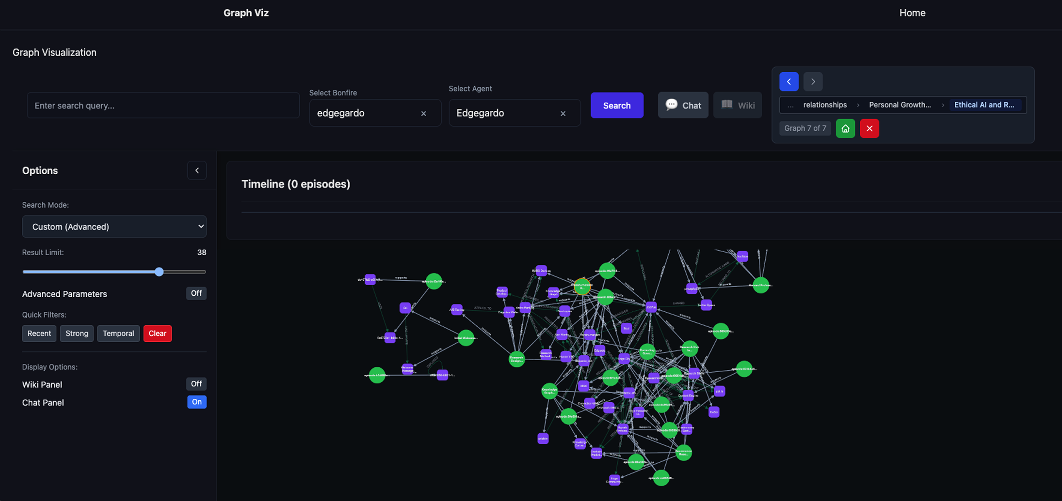 The original graph tool. A search form and options panel above an undifferentiated tangle of purple and green nodes.