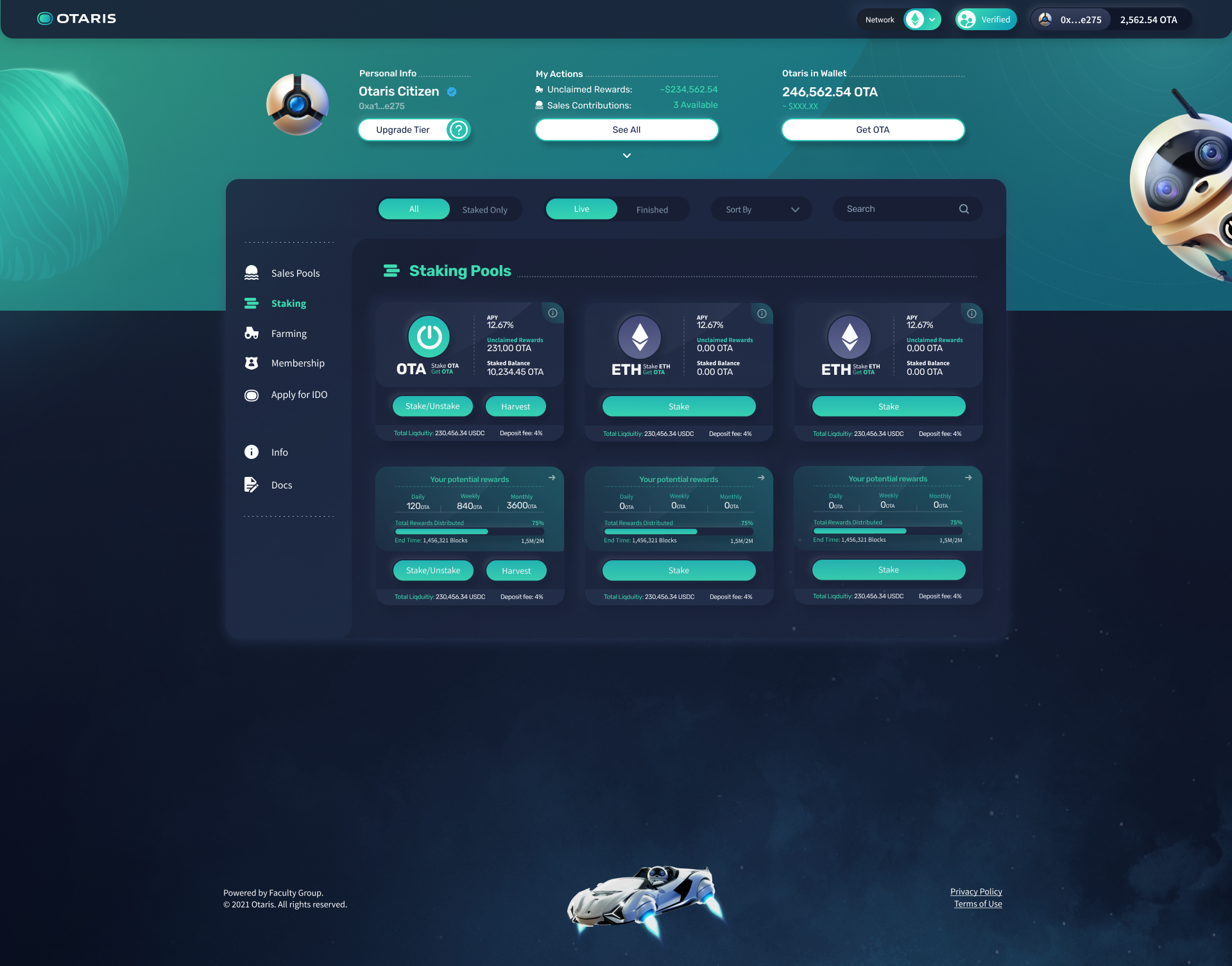 Otaris staking page. Personal info, unclaimed rewards and wallet balance at the top, a side menu, and three staking pools with APY, staked balance and potential rewards.
