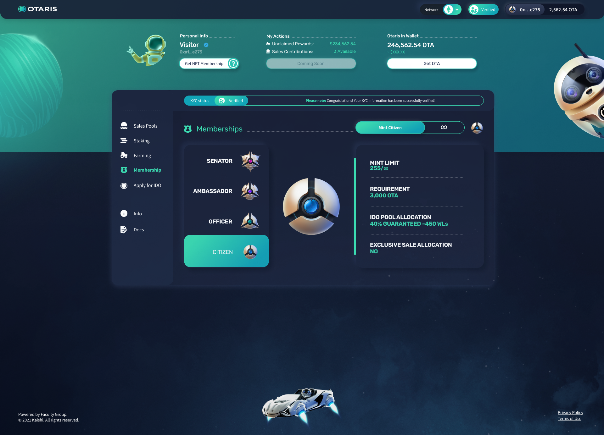 Memberships page with KYC status. Senator, Ambassador, Officer and Citizen tiers on the left, the Citizen badge and its mint limit, requirement and allocation on the right.